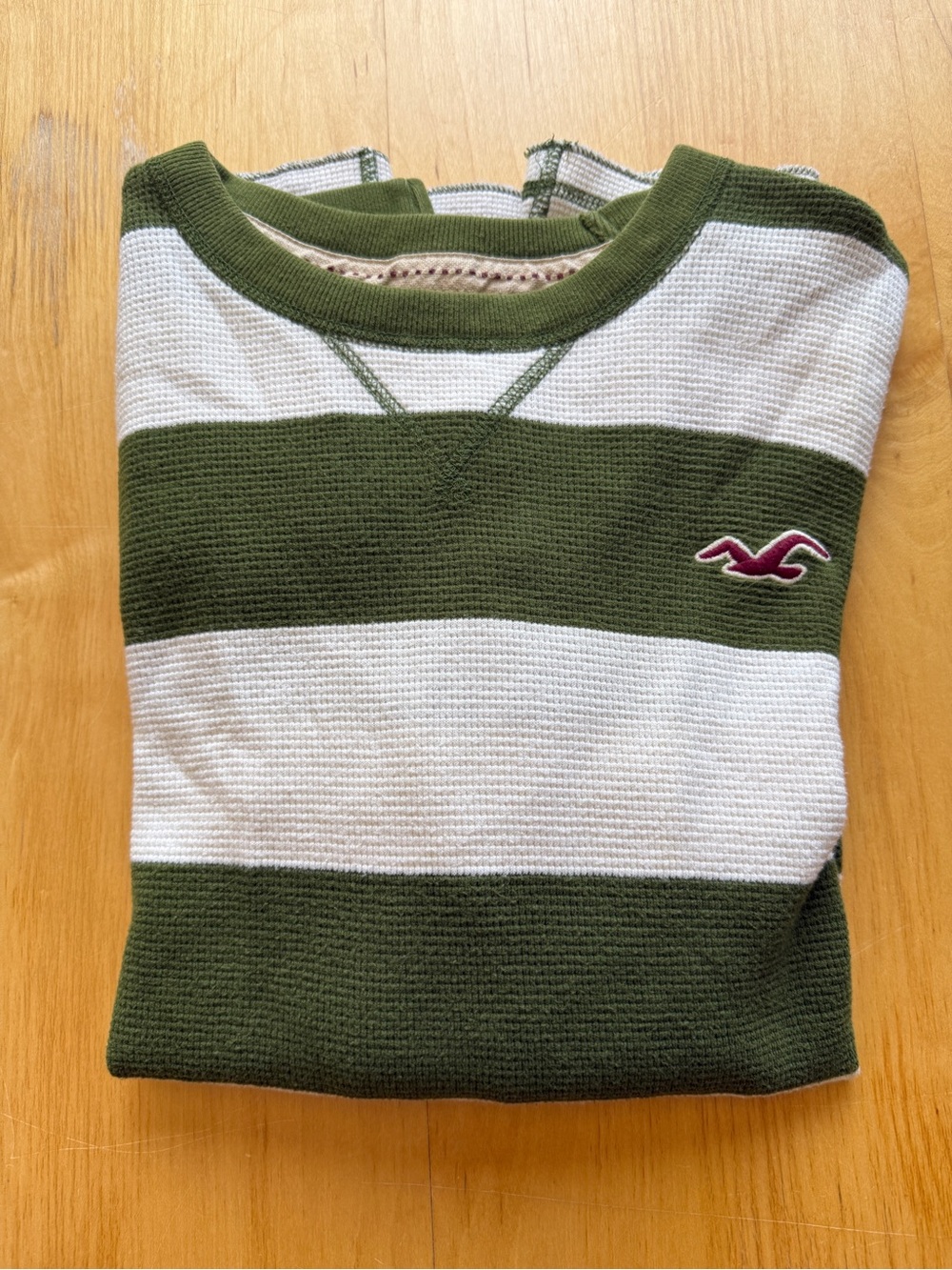 Hollister Olive Green & White Striped Crewneck Sweater